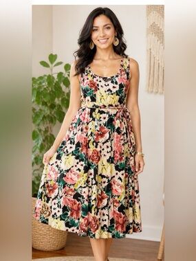 Cabi Reversible Floral Fit & Flare Midi Dress Size M